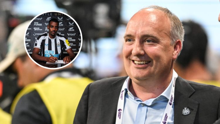 Darren Eales during a pre-season game between Chelsea and Newcastle United. Inset: Newcastle United striker Alexander Isak signing a contract.
