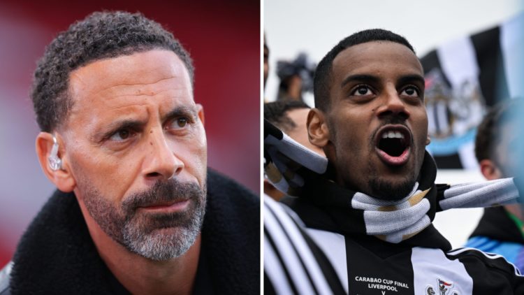 Rio Ferdinand doing punditry, Alexander Isak smiles during Newcastle United's Carabao Cup trophy parade