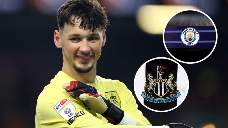 James Trafford smiles during a Championship game between Burnley and Sunderland. Inset: a Newcastle United and Manchester City badge.