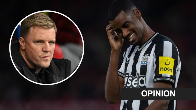 Eddie Howe looks on before a Newcastle United game. Alexander Isak reacts during a Newcastle United game.