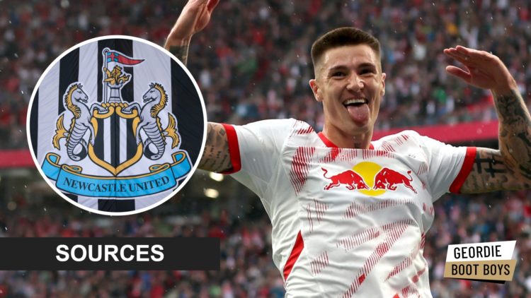 Benjamin Sesko celebrates scoring for RB Leipzig, Newcastle United badge on a flag