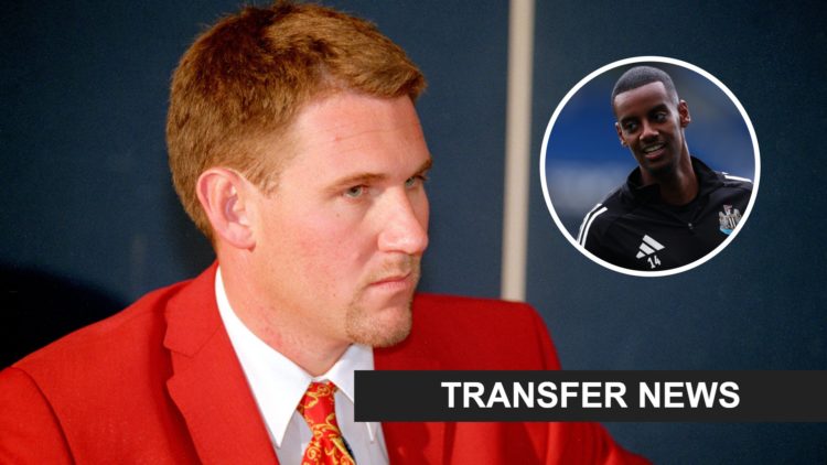 Simon Jordan during a Crystal Palace press conference. Inset: Newcastle United player Alexander Isak and a transfer news banner