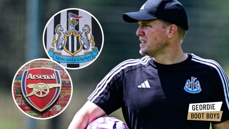 Eddie Howe during a Newcastle United training session, Newcastle United badge, Arsenal badge