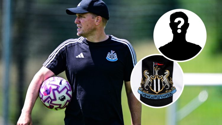 Eddie Howe holds a ball under his arm during a Newcastle United pre-season training session in August. Inset: the Newcastle United badge and a myst...