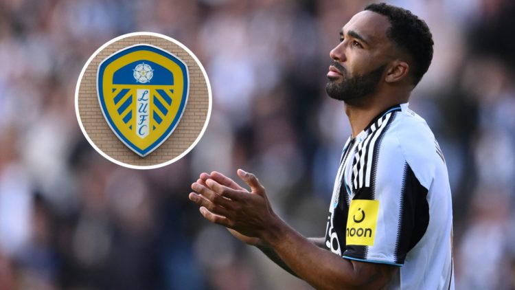 Callum Wilson applauds the fans after a Premier League game between Newcastle United and Everton. Inset: the Leeds United badge