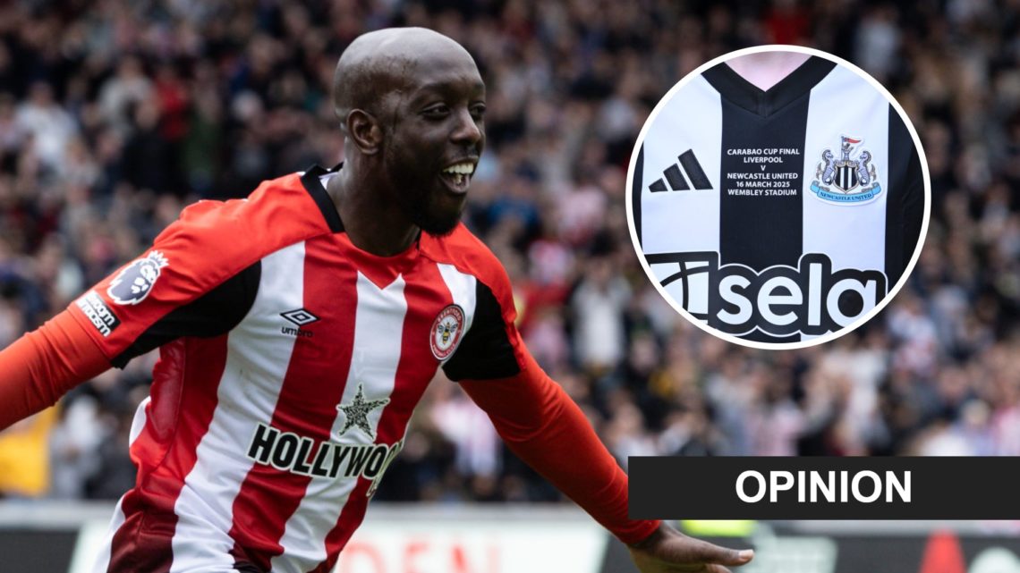 Yoane Wissa celebrates scoring for Brentford against Manchester United. Inset: the Newcastle United shirt and an opinion banner