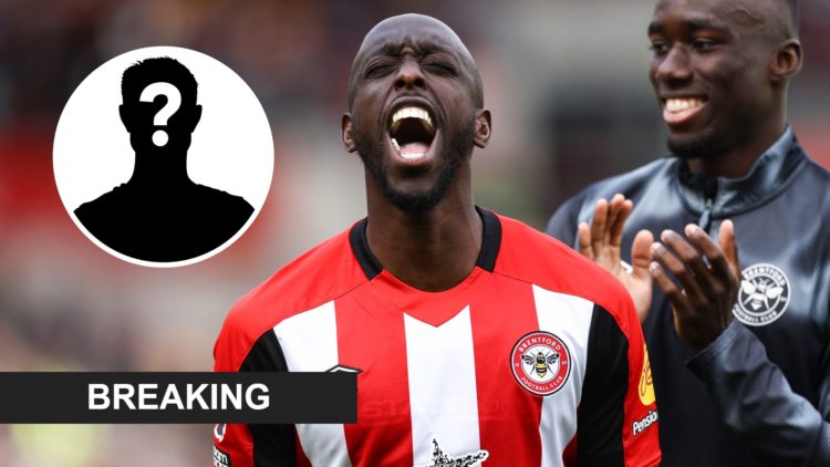 Yoane Wissa celebrates after Brentford's Premier League win over Brighton. Inset: a mystery player and a breaking news banner