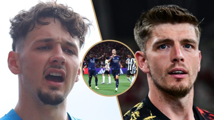 Split image: Close up photo of James Trafford (L). Close up image of Nick Pope (R). Inset: Mikel Merino celebrates his goal for Arsenal against New...