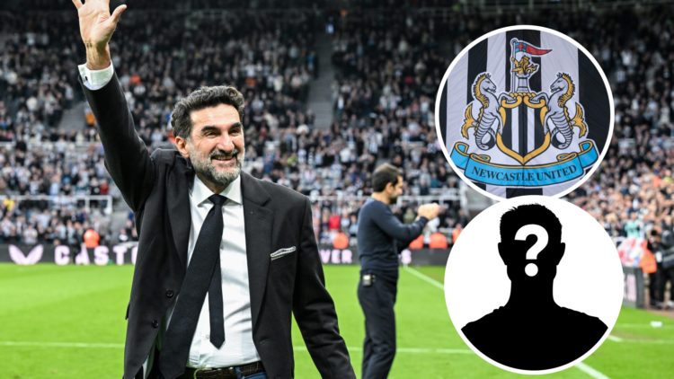 Newcastle United chairman Yasir Al-Rumayyan waves towards fans. Inset 1, Newcastle United badge. Inset 2, mystery person graphic.