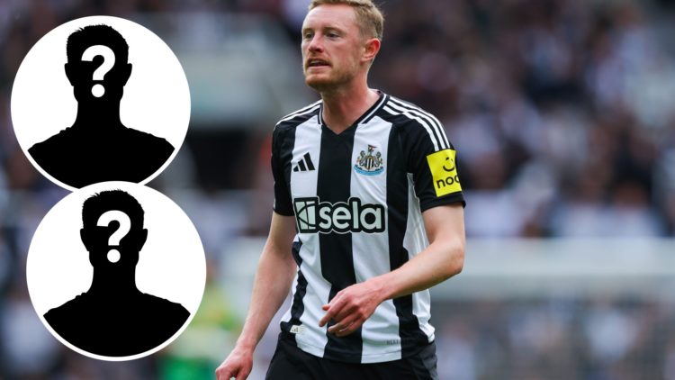 Insets, mystery person graphic. Sean Longstaff playing for Newcastle United against Manchester City.