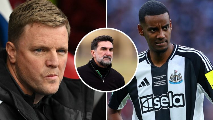 Eddie Howe looks on. Alexander Isak playing for Newcastle United. Inset, Yasir Al-Rumayyan at a golf event.