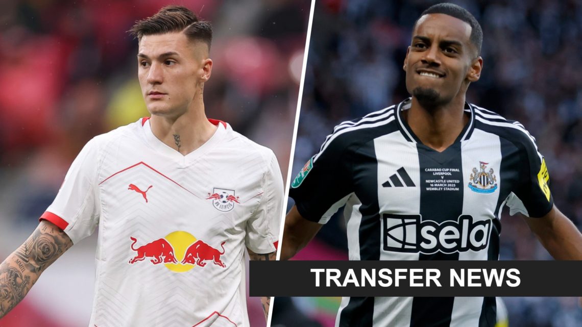 Benjamin Sesko playing for RB Leipzig. Alexander Isak scores against Liverpool in the Carabao Cup final.