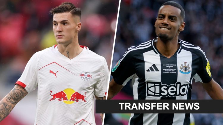 Benjamin Sesko playing for RB Leipzig. Alexander Isak scores against Liverpool in the Carabao Cup final.
