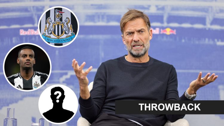 Inset 1, Newcastle United badge. Inset 2, Alexander Isak. Inset 3, mystery person graphic. Jurgen Klopp speaks during a Red Bull conference.