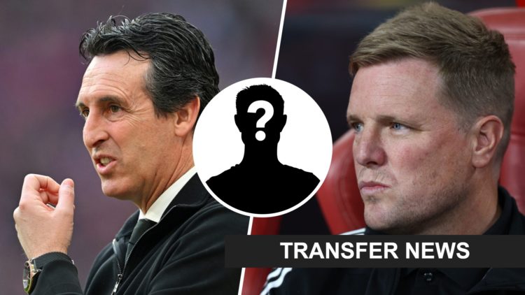 Unai Emery looks on. Eddie Howe looks on. Inset, mystery person graphic.