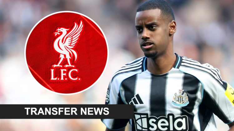 Alexander Isak playing for Newcastle United, Liverpool badge