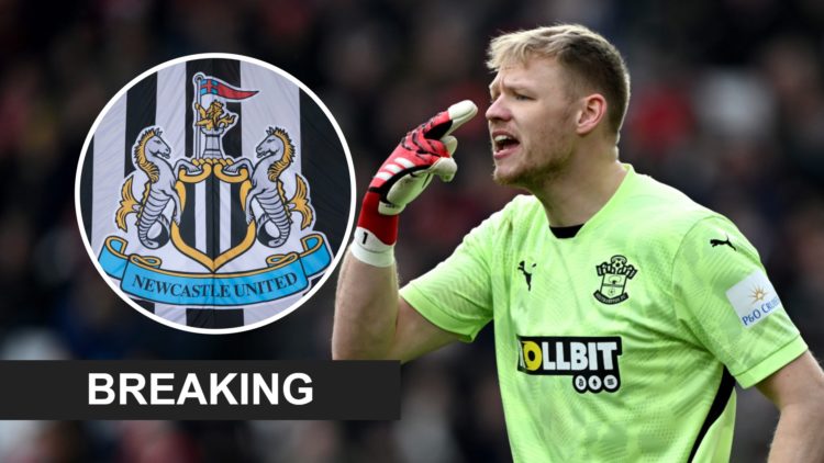 Aaron Ramsdale playing for Southampton, Newcastle United badge