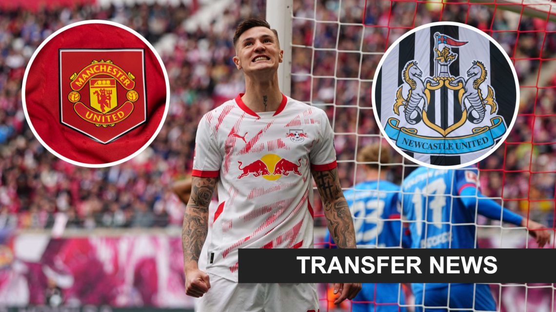 Inset 1, Manchester United badge. Benjamin Sesko playing for RB Leipzig. Inset 2, Newcastle United badge.