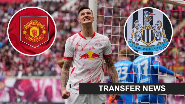 Inset 1, Manchester United badge. Benjamin Sesko playing for RB Leipzig. Inset 2, Newcastle United badge.