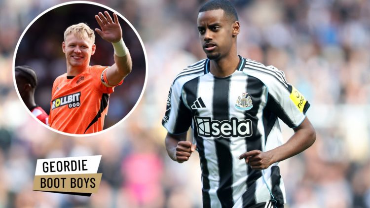 Inset, Aaron Ramsdale waves to Southampton fans. Alexander Isak playing for Newcastle United.