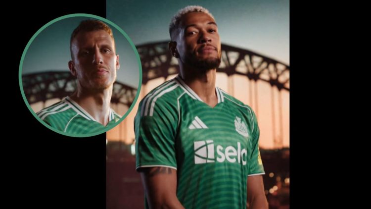 Joelinton poses in front of the Tyne bridge wearing the new Newcastle United away kit. Inset: Close up image of Dan Burn.