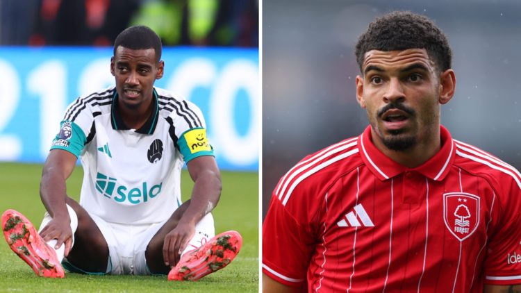 Alexander Isak sits down after suffering an injury for Newcastle United, Morgan Gibbs-White playing for Nottingham Forest