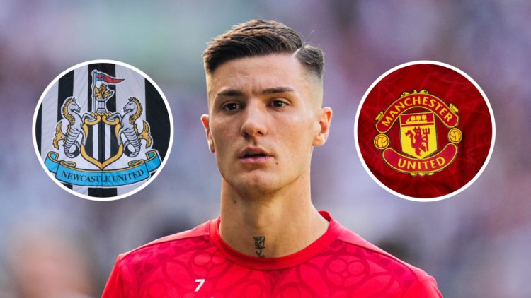 Benjamin Sesko warms up for RB Leipzig, Newcastle United badge, Manchester United badge