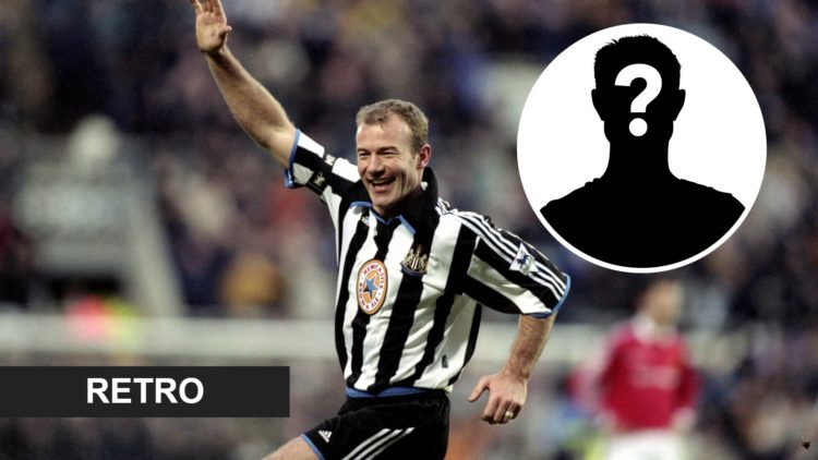 Alan Shearer celebrates a goal for Newcastle United vs Man Utd in 2000. Inset: Mystery figure and 'RETRO' banner.