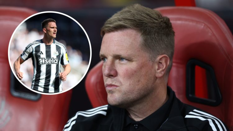 Inset, Sven Botman playing for Newcastle United. Eddie Howe looks on before Newcastle Untied play Arsenal in pre-season.