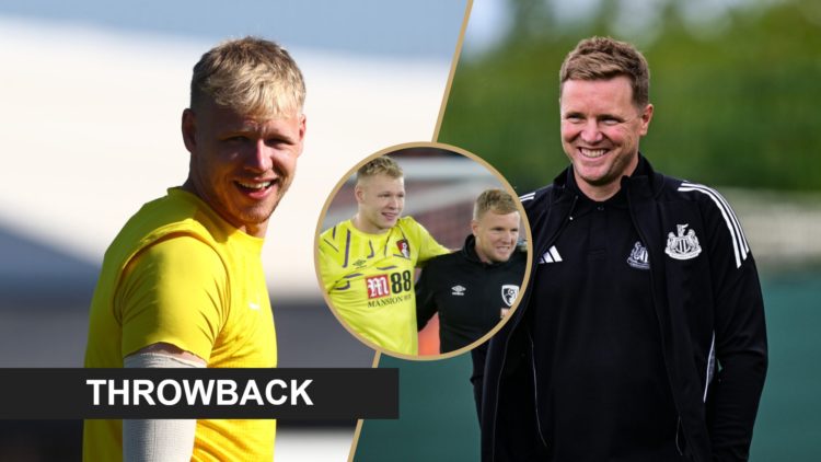 Split image: Aaron Ramsdale smiling during a Southampton game (L). Eddie Howe smiling during Newcastle training (R). Inset: Howe and Ramsdale embra...