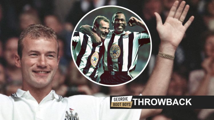 Alan Shearer waves to Newcastle United fans after signing for the club in 1996. Inset: Les Ferdinand celebrates a goal with Shearer.