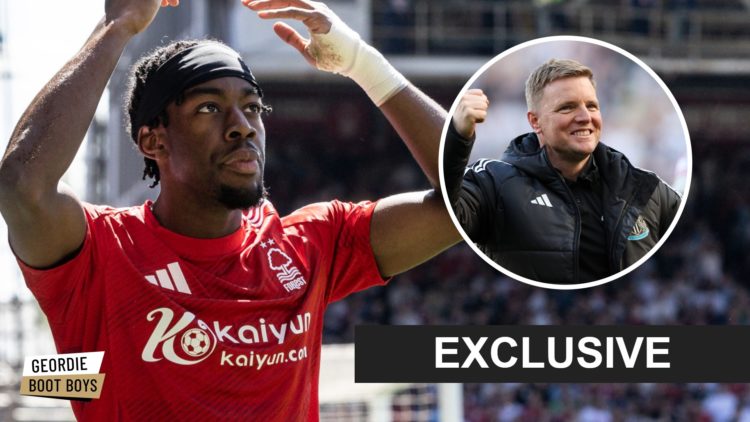 Anthony Elanga throws his arms in the air playing for Nottingham Forest, Newcastle United manager Eddie Howe celebrates