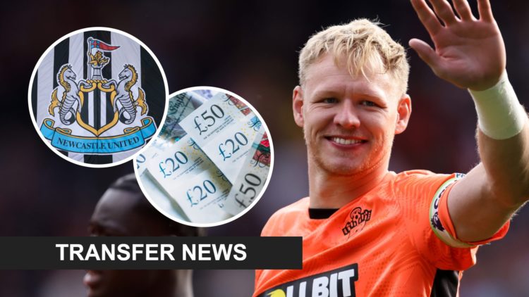 Aaron Ramsdale waves to supporters, Newcastle United badge, general photo of £20 and £50 notes