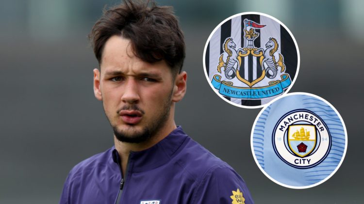 James Trafford in England training, Newcastle United badge, Manchester City badge