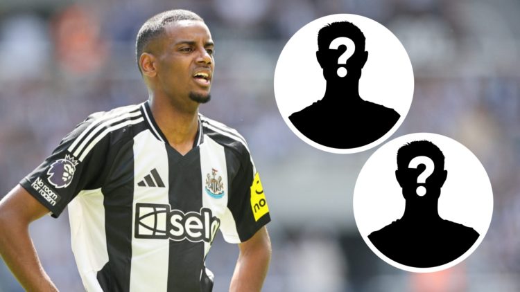 Alexander Isak playing for Newcastle United against Chelsea in the Premier League. Insets, mystery person graphics.
