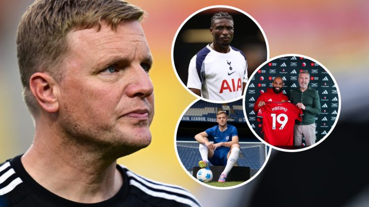 Close up image of Newcastle United manager Eddie Howe. Insets: Mohammed Kudus in action for Tottenham, Bryan Mbeumo signs for Man Utd, Liam Delap p...