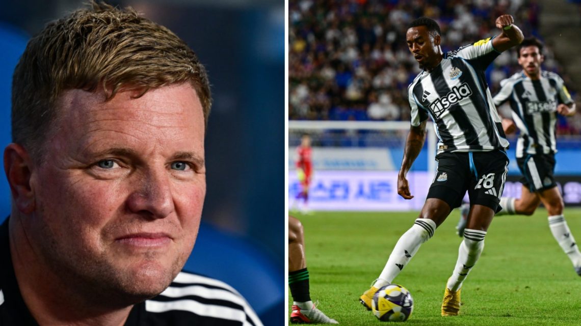 Eddie Howe smiles sitting on the Newcastle United bench, Joe Willock in action in a Newcastle United friendly.