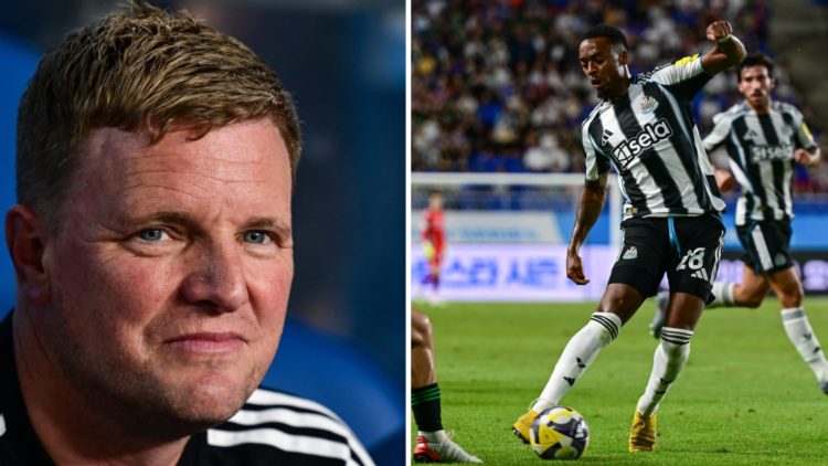 Eddie Howe smiles sitting on the Newcastle United bench, Joe Willock in action in a Newcastle United friendly.