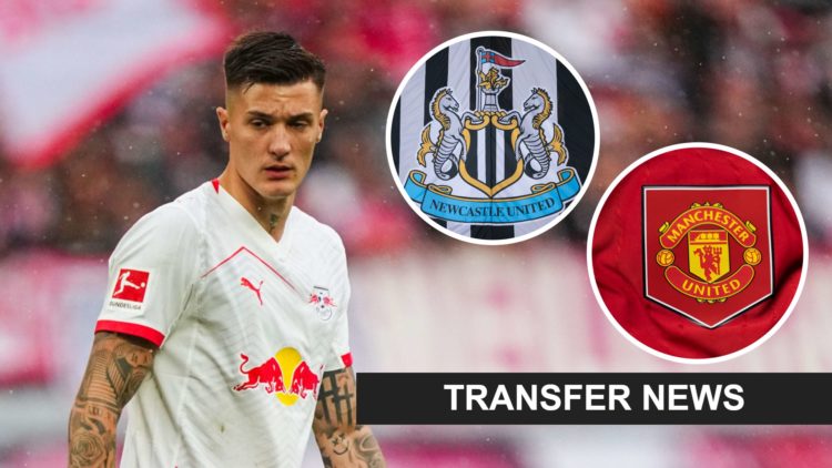 Benjamin Sesko playing for RB Leipzig against Stuttgart. Inset 1, Newcastle United badge. Inset 2, Manchester United badge.