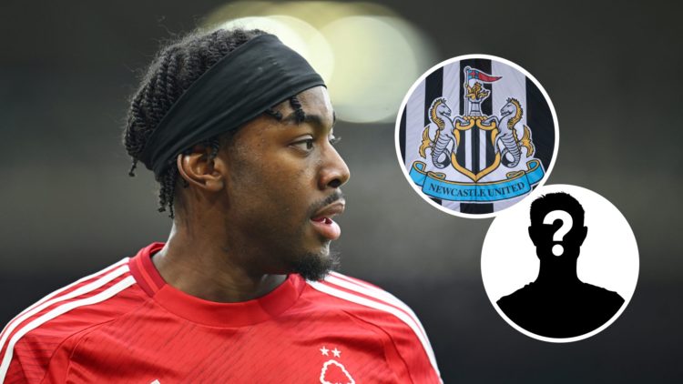 Anthony Elanga playing for Nottingham Forest, Newcastle United badge on a flag, mystery player