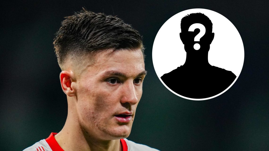 Close up image of Benjamin Sesko playing for RB Leipzig. Inset: Mystery figure.