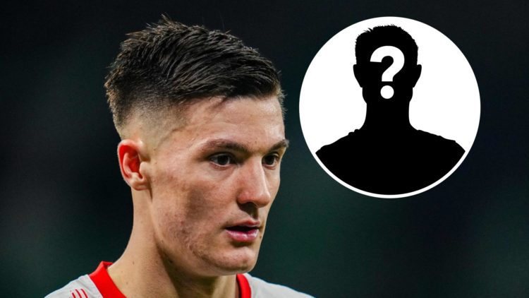 Close up image of Benjamin Sesko playing for RB Leipzig. Inset: Mystery figure.