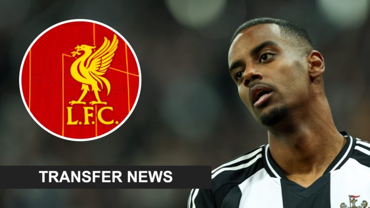 Inset, detail view of the Liverpool badge. Alexander Isak looks dejected playing for Newcastle United.