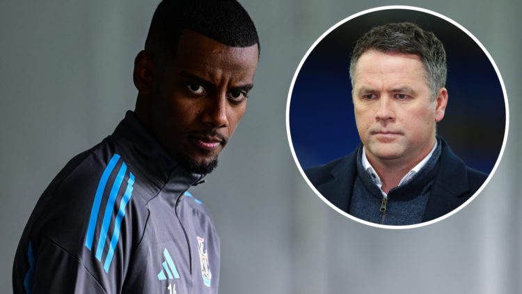 Alexander Isak looks on during Newcastle United pre-season training. Inset, Michael Owen speaking as a pundit.