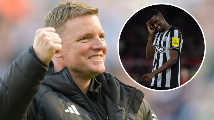 Eddie Howe celebrating after Newcastle United qualify for the Champions League. Alexander Isak looks dejected.