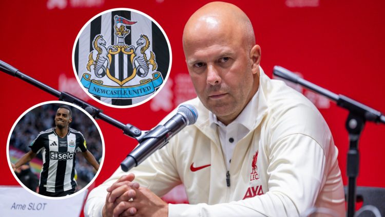 Arne Slot speaks during a Liverpool FC pre-season press conference. Inset, Newcastle United badge. Inset 2, Alexander Isak scores during the 2025 C...