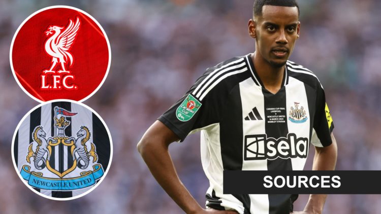 Inset 1, Liverpool FC badge. Inset, Newcastle United crest. Alexander Isak during the Carabao Cup final between Liverpool and Newcastle United.