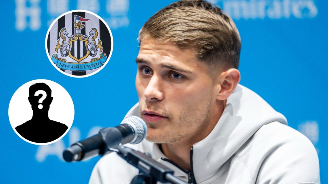 Inset 1, close-up shot of the Newcastle United badge. Inset 2, mystery person graphic. Tottenham defender Micky van de Ven speaks during a pre-seas...