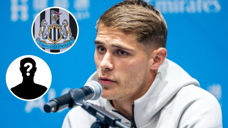 Inset 1, close-up shot of the Newcastle United badge. Inset 2, mystery person graphic. Tottenham defender Micky van de Ven speaks during a pre-seas...