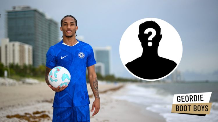 Joao Pedro is unveiled as a new Chelsea player on a Miami beach. Inset: A mystery player and the Geordie Boot Boys logo.